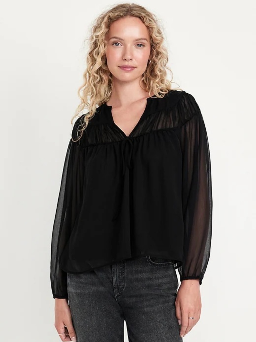 Old Navy Black Sheer V-Neck Long-Sleeve Blouse